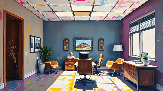 A bold acrylic painting of a professional office, showcasing vibrant colors, textured brushstrokes, and strong, hard light creating direct, harsh shadows