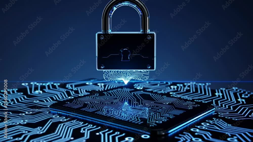 Aufkleber futuristic video concept of cybersecurity with a low-angle view of a glowing lock hovering over a ci
