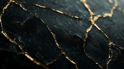Obraz premium High-resolution textured black paper with golden cracks on a black background, showcasing intricate details and a cinematic effect.