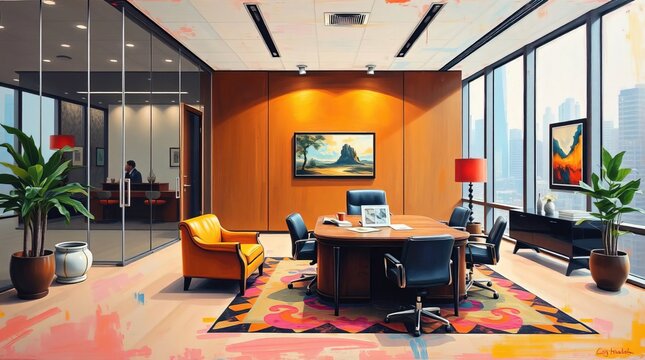 Bold acrylic painting of a professional office. Vibrant colors and textured brushstrokes create a graceful and elegant image with refined features