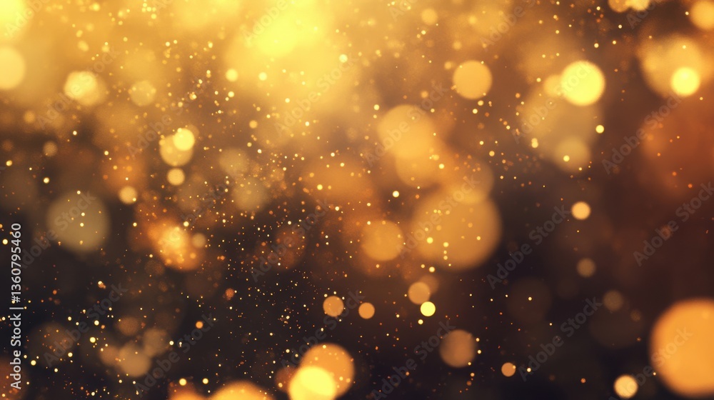 Poster Floating gold dust particles with soft glowing bokeh and shimmering reflections. A magical and dreamy golden atmosphere for elegant designs.