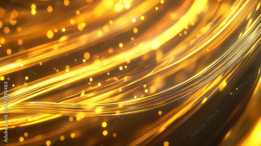 Poster abstract futuristic golden neon lines with glowing reflections, soft bokeh, and dynamic modern energ