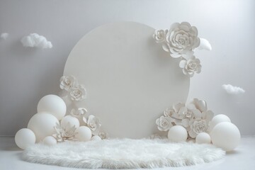 An abstract decorative scene featuring white paper flowers and spheres