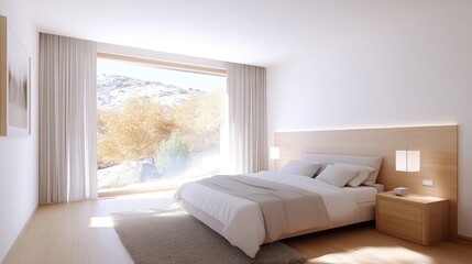 Fototapeta premium Modern bedroom with panoramic mountain view (1)