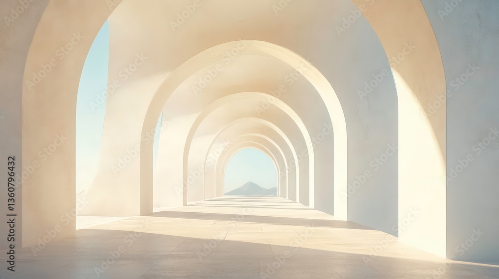 Canvas Prints empty arched passageway leading to distant mountain. sunlight and light-filled interior. use stock p