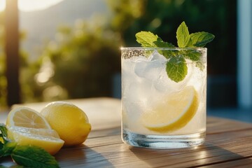 Fototapeta premium A crisp lemonade adorned with fresh mint leaves invites an aura of coolness and refreshment, perfect for hot days and social interactions, evoking happiness and enjoyment.