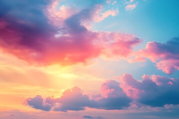 Obraz premium Colorful sunset sky with vibrant clouds transitioning from warm tones to cool hues, creating a picturesque and serene natural background.