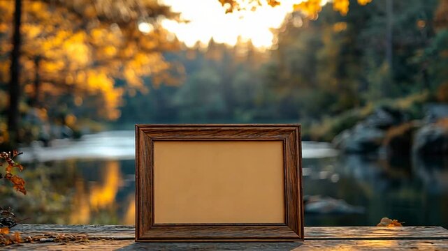 Empty wooden frame on rustic table, autumn landscape background, photo opportunity