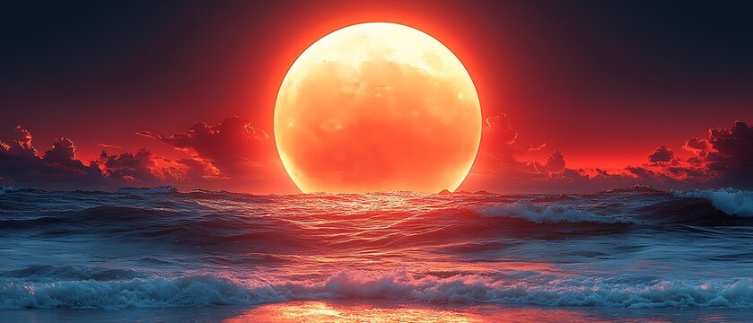 A large fiery sun setting over rolling ocean waves at dusk