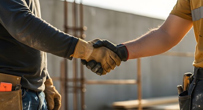 Construction workers handshake with job site.