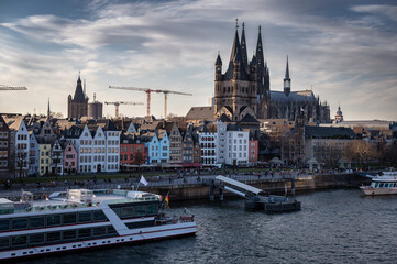 Cologne, Germany - March 7 2025: City skyline in spring along the Rhine river