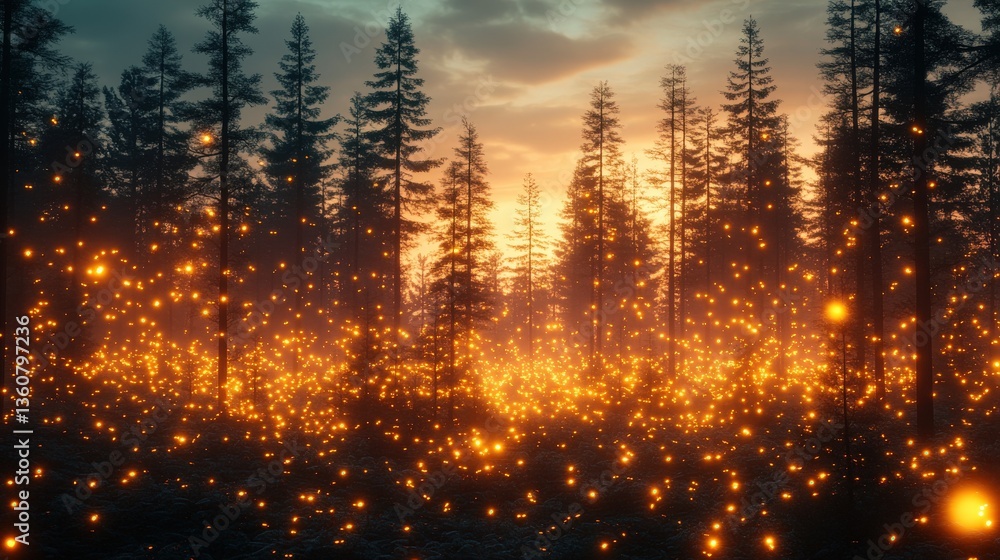 Poster enchanting sunset scene in a pine forest illuminated by countless fireflies, creating a magical atmo