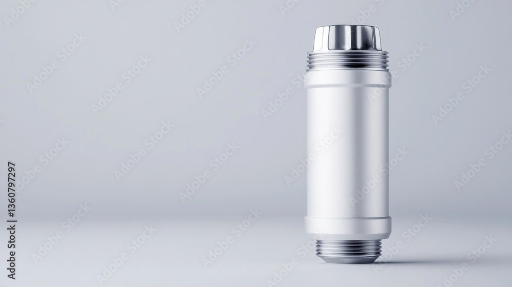 Poster modern sleek design of a cylindrical container with metallic cap on a minimalist gray background