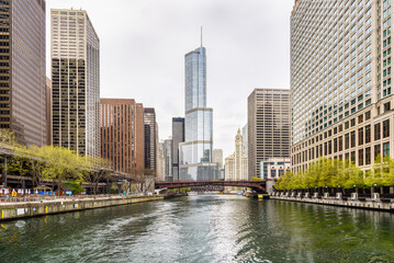 Skyscrapers along Chicago river on a cloudy early spring day
