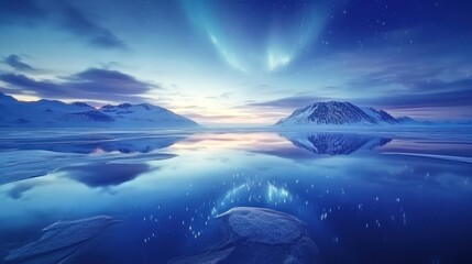 Arctic lake aurora borealis reflection mountains