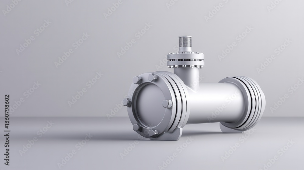 Poster metallic pipe with valves and flanges on a minimalist background for industrial and mechanical use