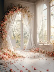 A room beautifully decorated with floral arrangements and soft white curtains