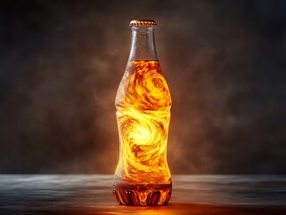 A glowing bottle of cola, with its liquid swirling as if containing a storm trapped inside.