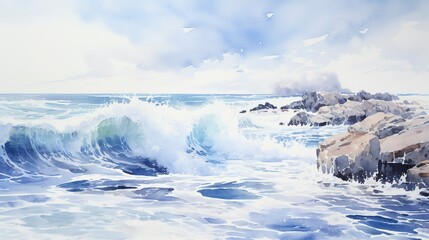 A photo of a contemporary seascape watercolor artwork