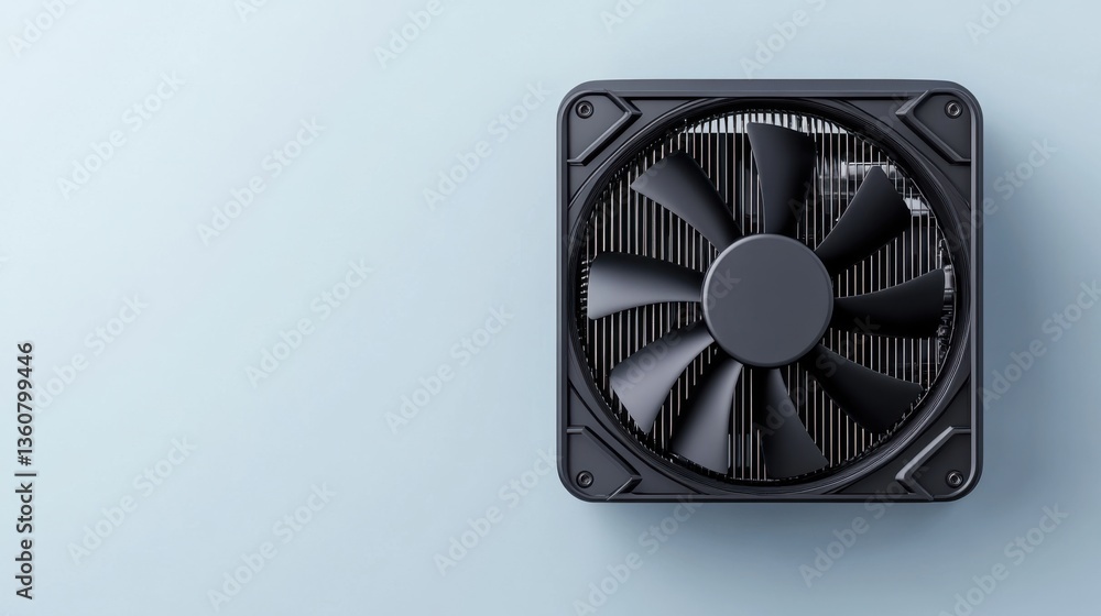 Poster close-up view of a modern computer cooling fan on a soft blue background for technology and gadget c