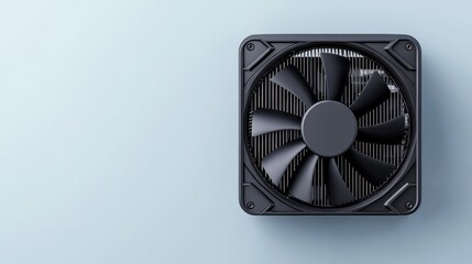 Close-up View of a Modern Computer Cooling Fan on a Soft Blue Background for Technology and Gadget Concepts
