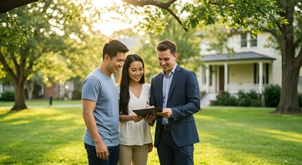 Couple view house details on tablet.