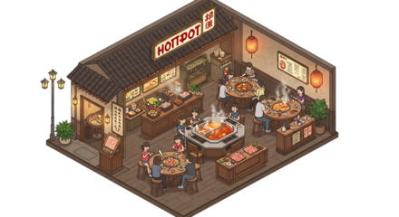 Isometric View of a Hot Pot Restaurant Interior with Diners Enjoying Meal