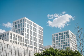 Fototapeta premium modern minimalistic multi story buildings stand tall against a clear blue sky showcasing contemporary architectural design concept