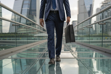 A businessman in a blue suit confidently walking on a modern glass bridge with tall office buildings in the background