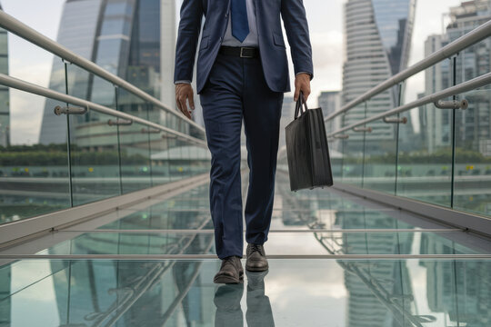 A businessman in a blue suit confidently walking on a modern glass bridge with tall office buildings in the background - Powered by Adobe