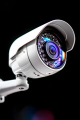 White security camera, close-up, dark background