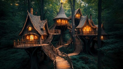 Fototapeta premium Enchanted Wooden Playhouse Village In A Dark Woodland At Night