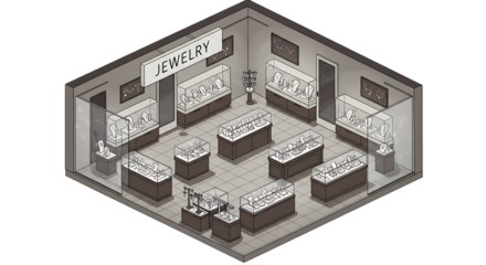 Isometric Jewelry Store Interior Showcasing Display Cases and Elegant Accessories
