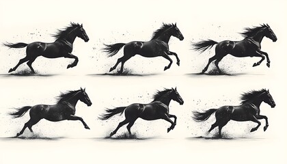Fototapeta premium Six Black Horses Galloping Across a White Background with Speed