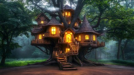 Enchanted Wooden Treehouse in a Dark Forest at Night