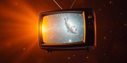 A 1950s television, complete with retro dials, is depicted in a warm golden glow, floating in space. The screen shows a static galaxy rendered with flickering candlelight effects, 