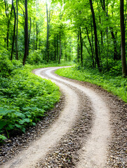 Fototapeta premium Winding dirt road through lush green forest (1)
