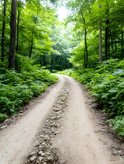 Obraz premium Winding dirt road through lush green forest (2)