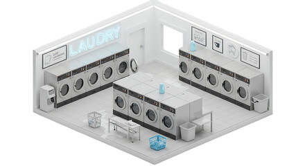Obraz premium Isometric Laundry Room Illustration with Washing Machines and Baskets