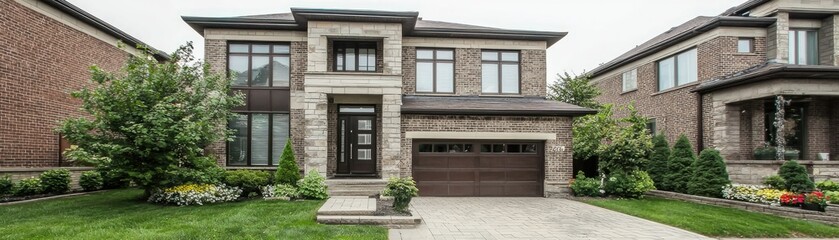 Modern home architecture showcasing a new residence in the suburbs, overcast day