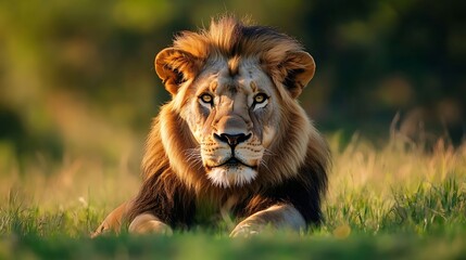 Obraz premium Majestic lion resting in green savannah grass, sharp focus on intense eyes. Ideal for nature book covers or posters, featuring a blurred background and ample copy space.