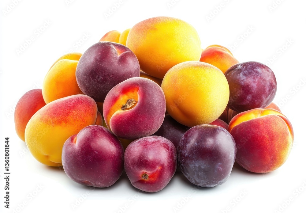 Poster fresh and juicy peaches and plums piled together on white background ready for delicious summer trea