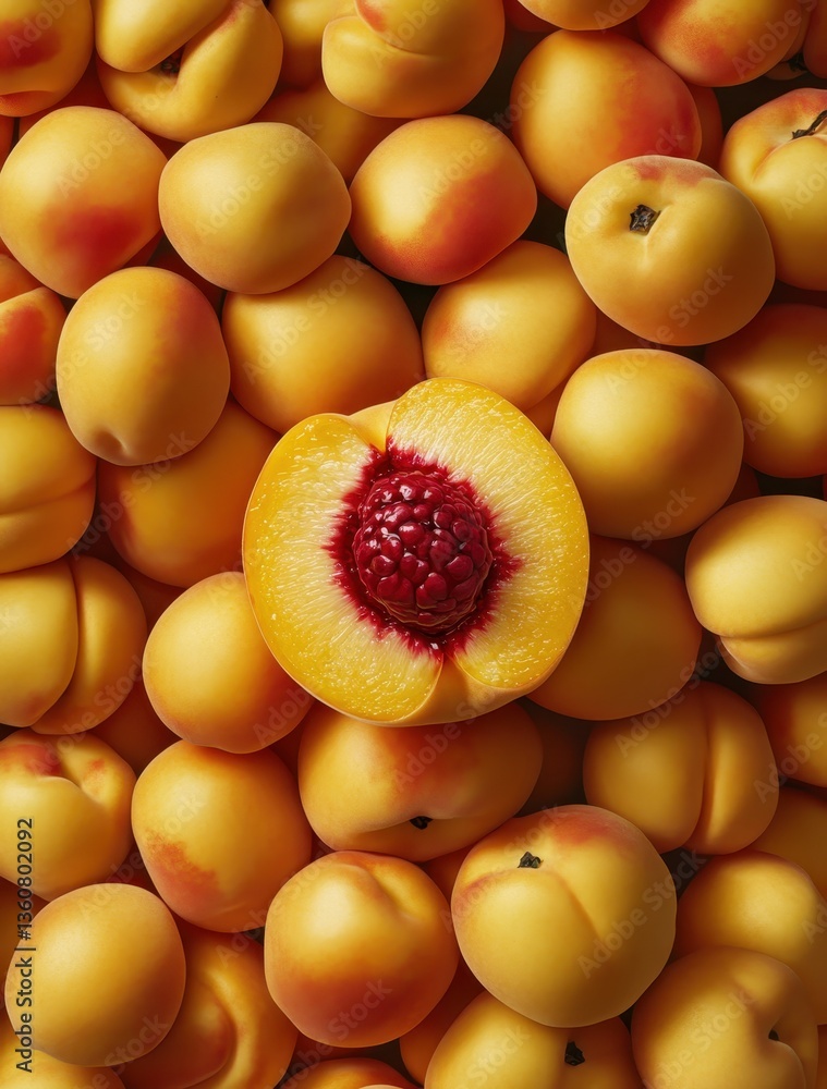 Poster fresh and juicy peaches arranged in a colorful display with one peach halved to reveal red flesh and