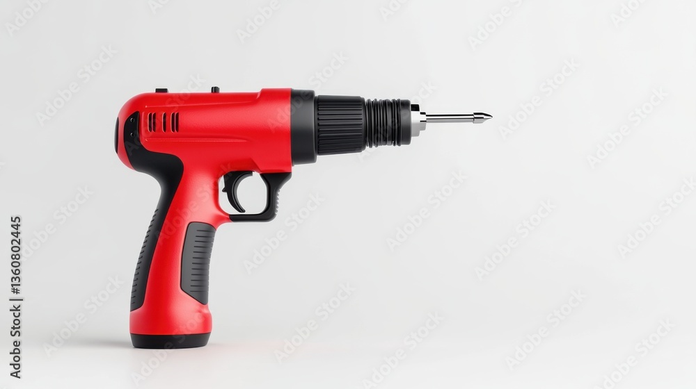 Poster red battery-powered drill with ergonomic handle and rotating chuck on white background