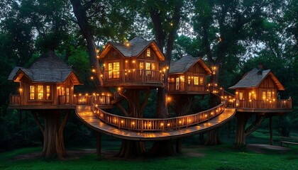 Illuminated Wooden Treehouse Complex at Night in Lush Forest