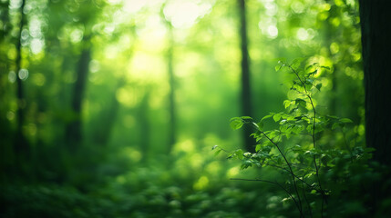 Fototapeta premium Defocused green forest plants and trees backdrop background