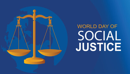 World day of social justice, 20th February awareness post for social media with large justice scale and people showing and protesting with sign cards. Social justice day. Justice for all poster