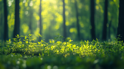 Defocused green forest plants and trees backdrop background