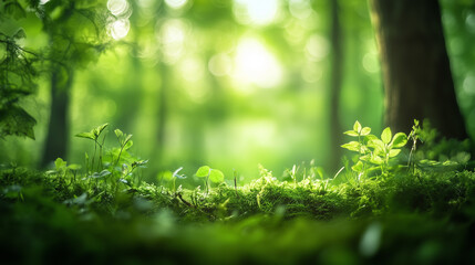 Fototapeta premium Defocused green forest plants and trees backdrop background