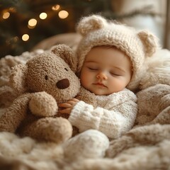 A sleeping baby wearing a hat cuddles a plush teddy bear